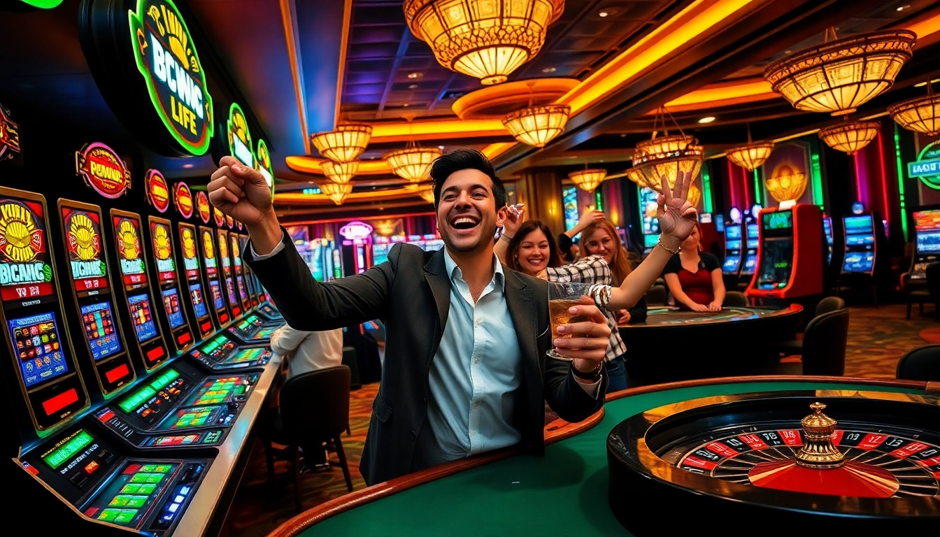 Excited players winning at slot machines inspired by https://www.6slots8.com/ in a vibrant casino atmosphere.
