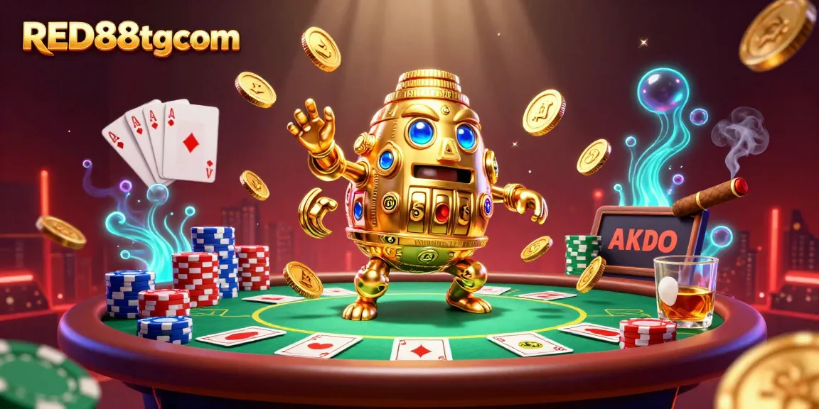 Experience thrilling gameplay with RED88tgcom, showcasing a dazzling poker scene filled with vibrant characters and casino elements.