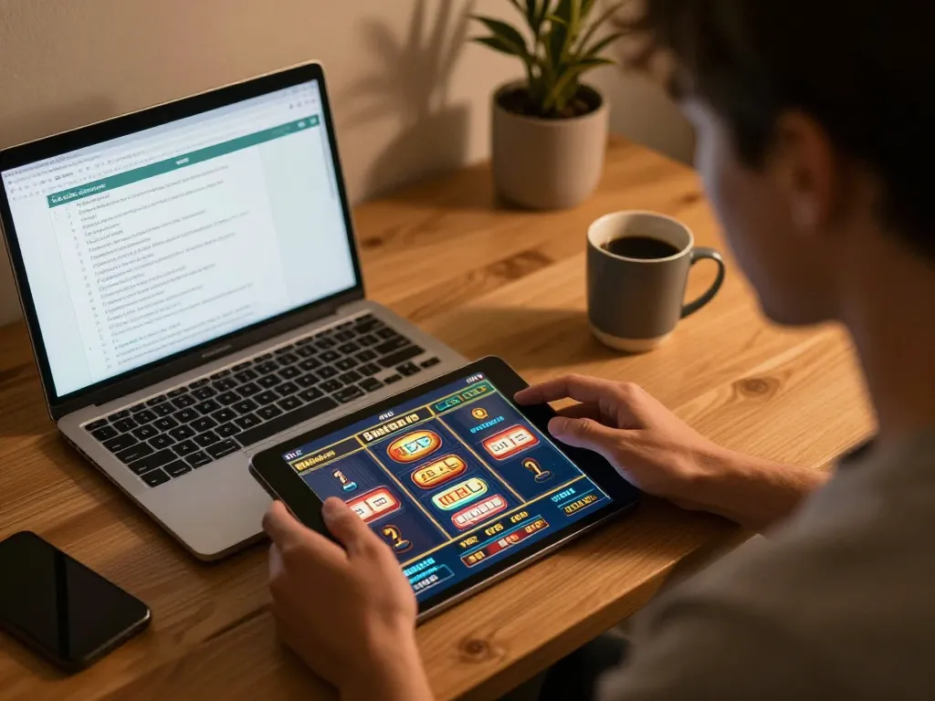 UGDEWA gaming on a tablet at home, showcasing slot game excitement and strategic planning.