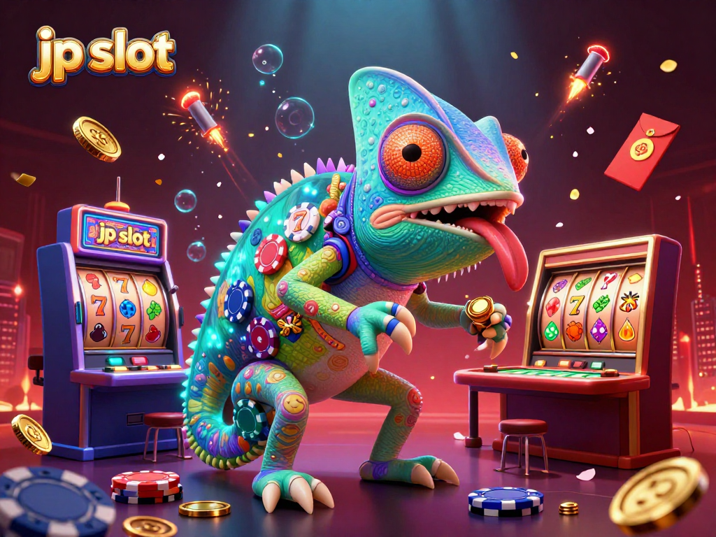Engage with jp slots and revel in a vibrant 3D illustration of a chameleon casino owner amidst colorful gaming elements.