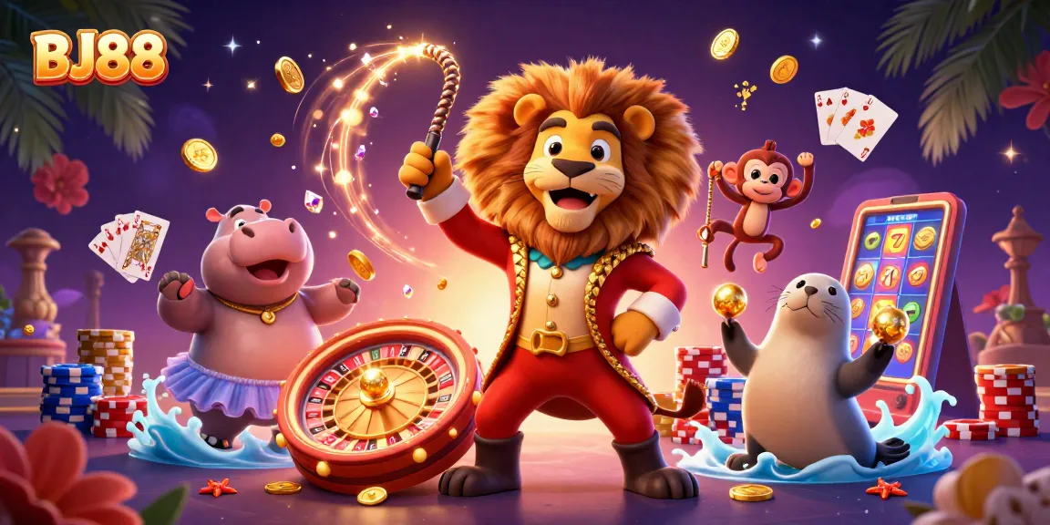 Experience thrilling gaming action at BJ88 with exciting casino elements and vibrant characters.