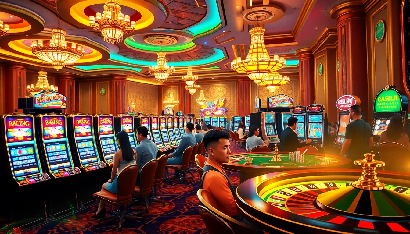 Players engaging with vibrant 슬롯사이트 slot machines in a luxurious casino setting.