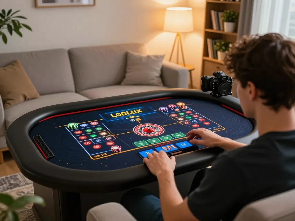Engaging in LGOLUX roulette game while relaxing on a sofa in a stylish home setting.