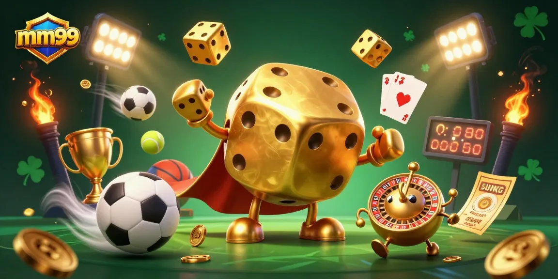 Engage with mm99's vibrant casino world featuring dynamic golden dice and sports elements.