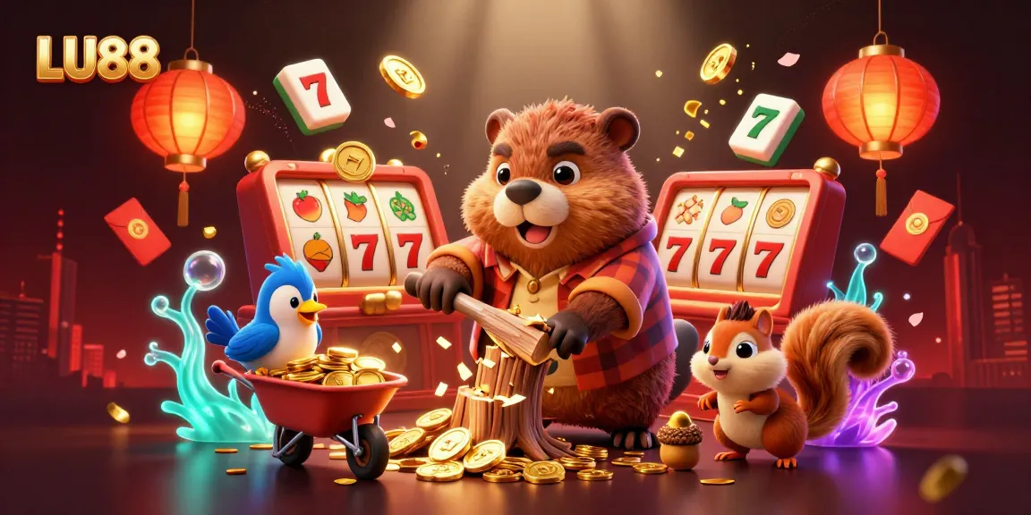 LU88 casino-themed illustration showcasing playful characters collecting golden coins and slot symbols.