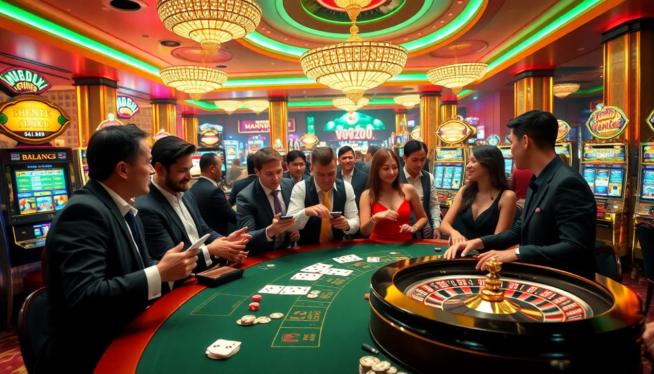 Players engaging in thrilling no hu games at a vibrant casino filled with casino tables, poker chips, and slot machines.
