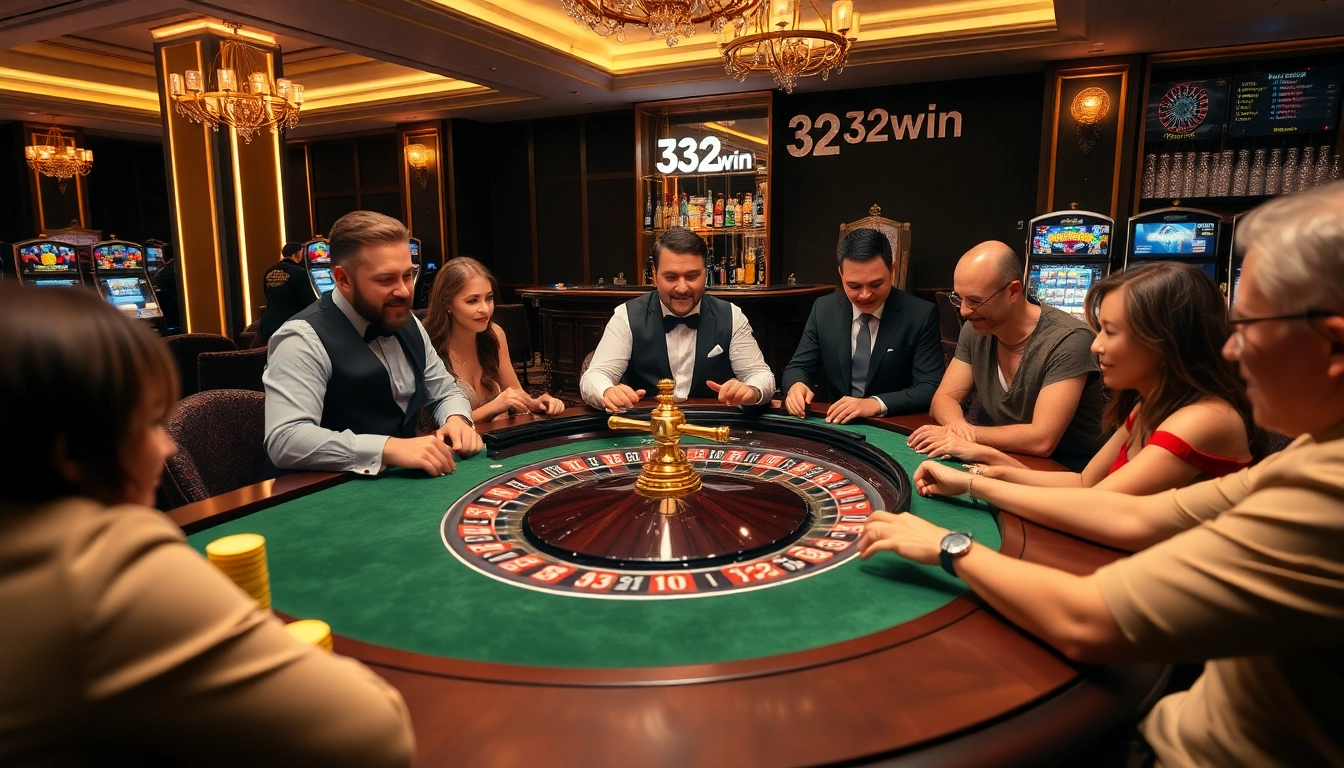 32win players excitedly gambling at a luxurious casino with poker chips and slot machines.