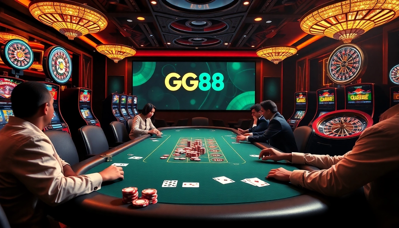 Engaged players at GG88's luxurious poker table showcase thrilling casino action.