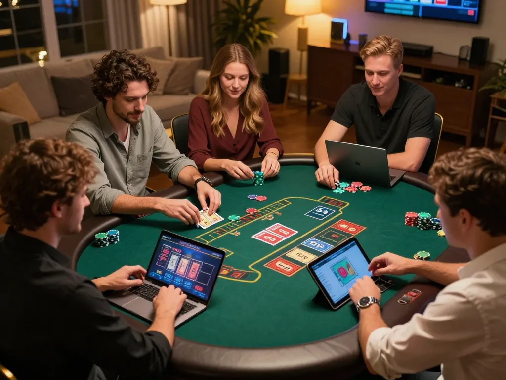 Engaging online casino gameplay scene featuring dh88 with players at live dealer table, showcasing excitement of gambling.