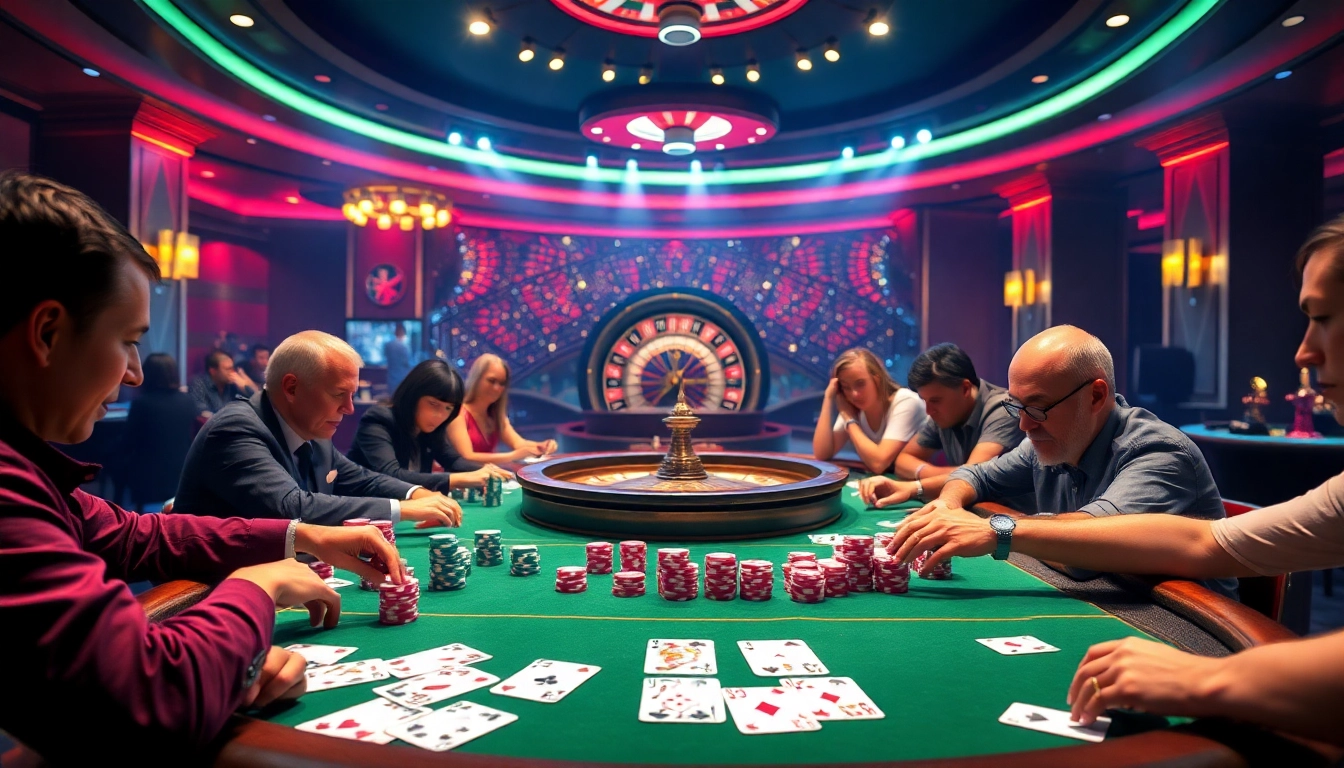 vvvwin players strategizing at a vibrant casino table filled with poker chips and cards.