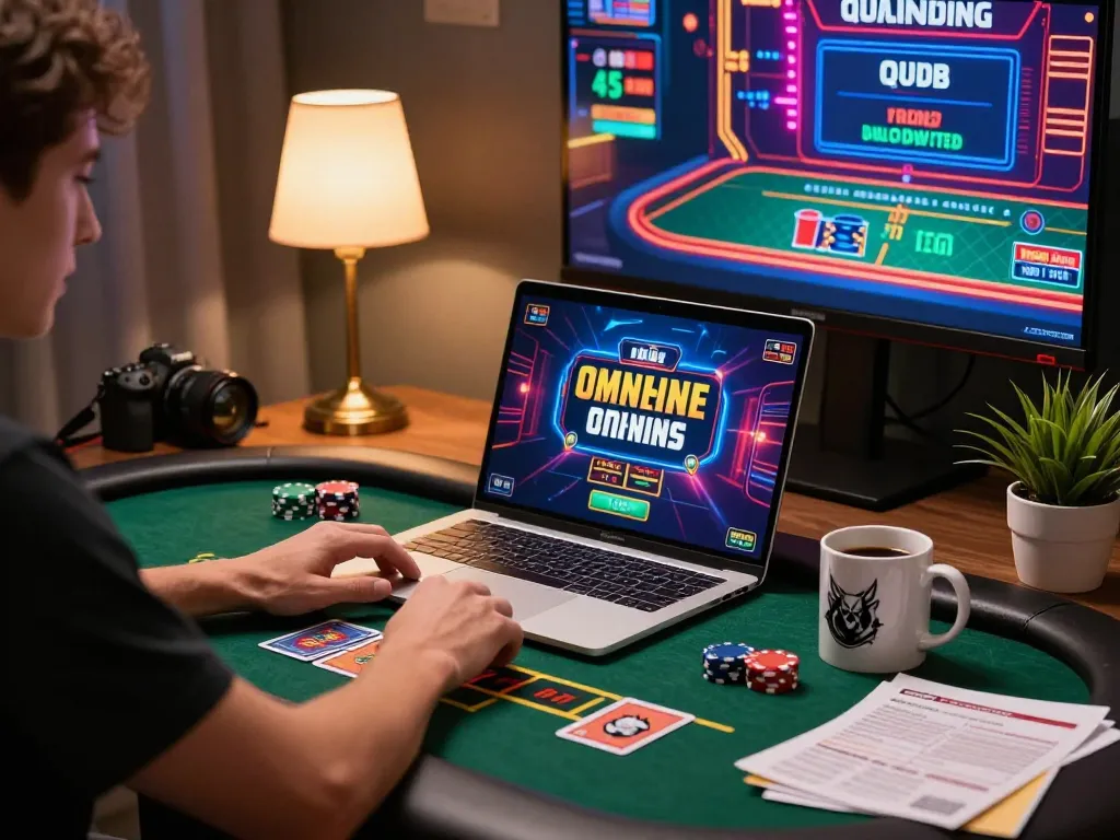 Player engaged in online poker at home, showcasing luck88com’s immersive gaming experience with vibrant atmosphere.