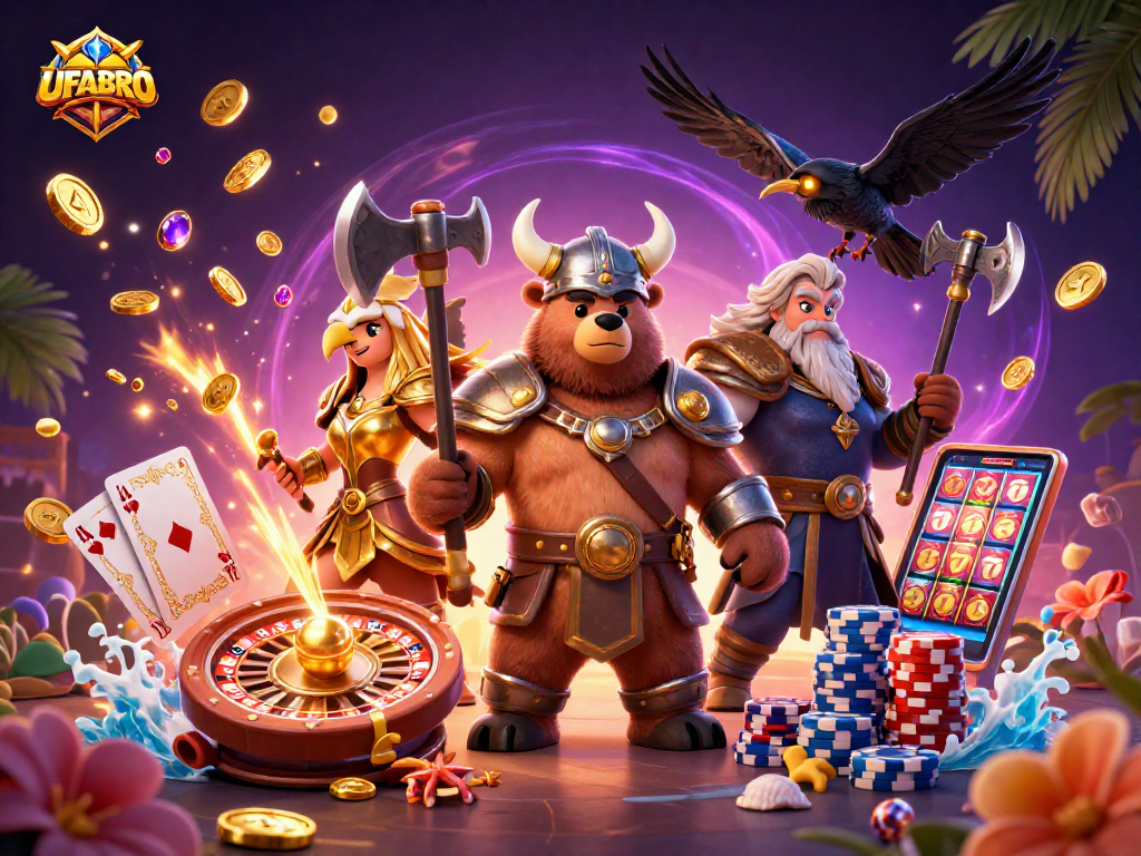 Place your winning bets with UFABRO in an exciting casino environment featuring vibrant characters and dynamic games.