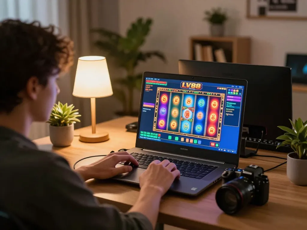 Player engaged in LV88 online casino gaming on laptop, showcasing an exciting slot game.