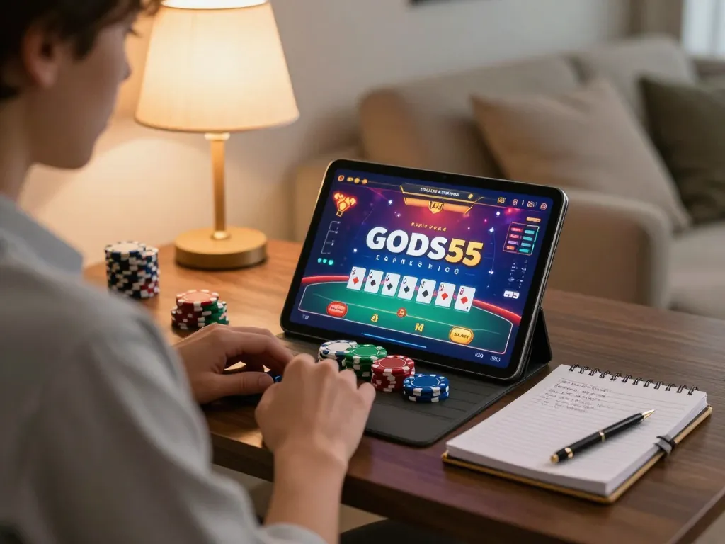 Playing on god55 casino with strategy notes beside a tablet in a cozy home setting.