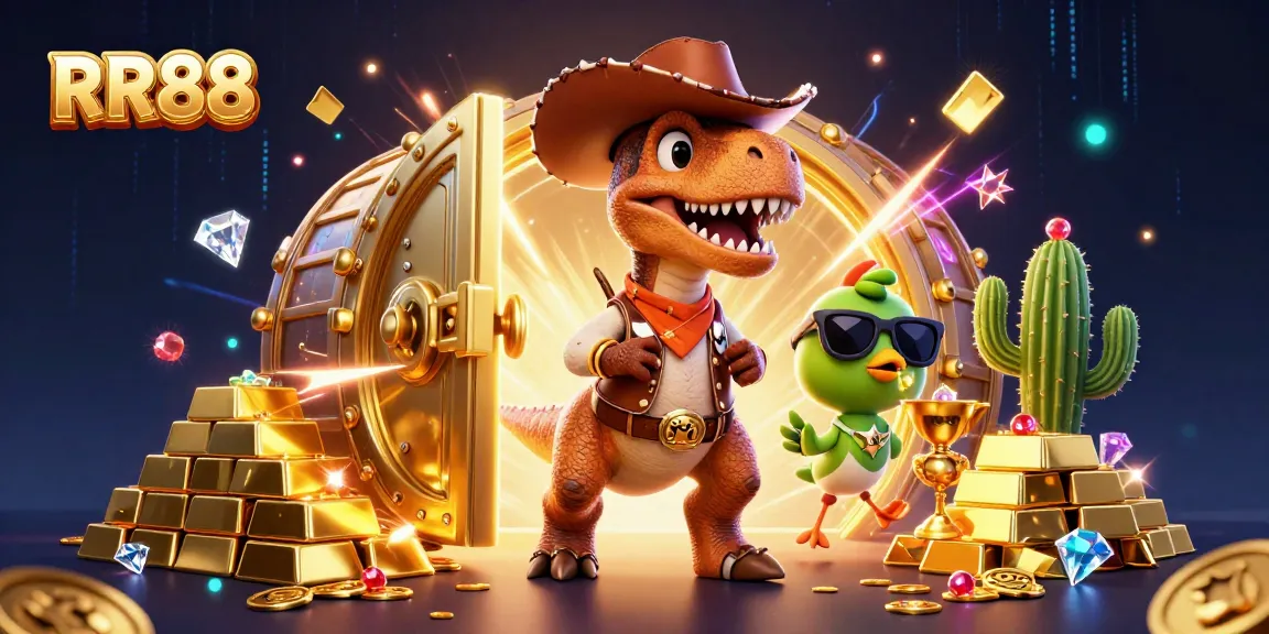 Engage in the thrilling world of RR88, where a whimsical dinosaur and friends explore shining treasures in a vibrant casino.