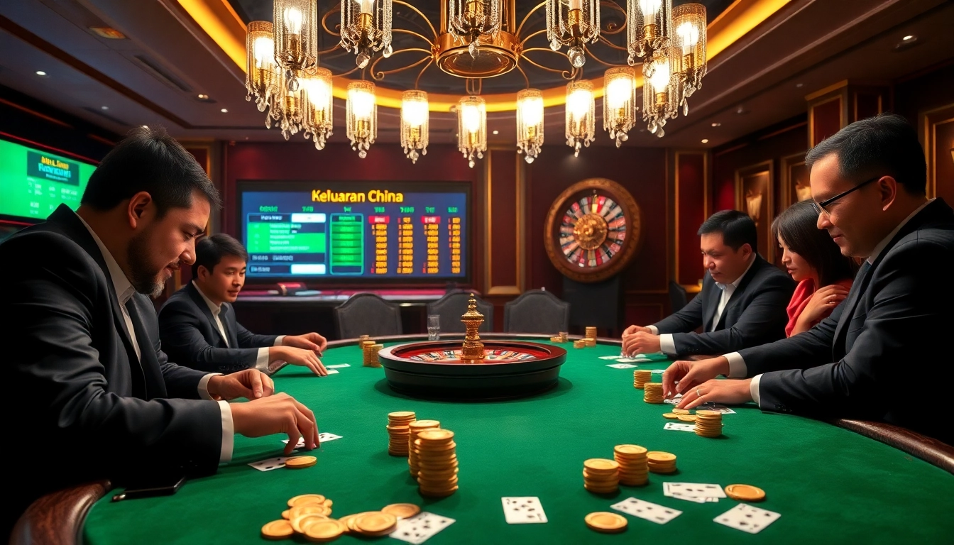 Gambling scene with a poker game featuring keluaran china results displayed prominently.