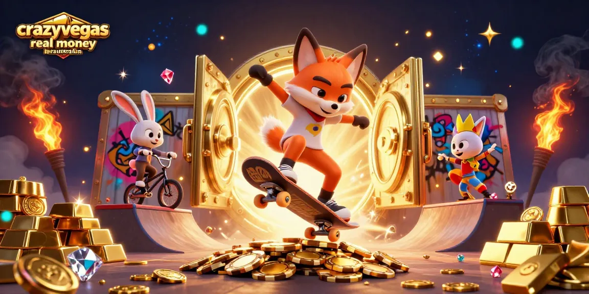 Engaging scene of cartoon fox skateboarding at crazyvegas real money casinos in australia with casino-themed elements.