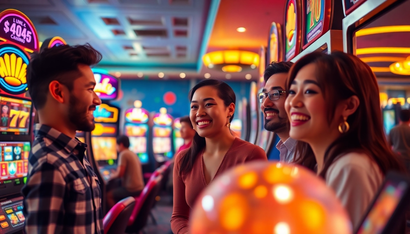 Situs kode4d gaming scene featuring vibrant slot machines and excited players in a modern casino atmosphere