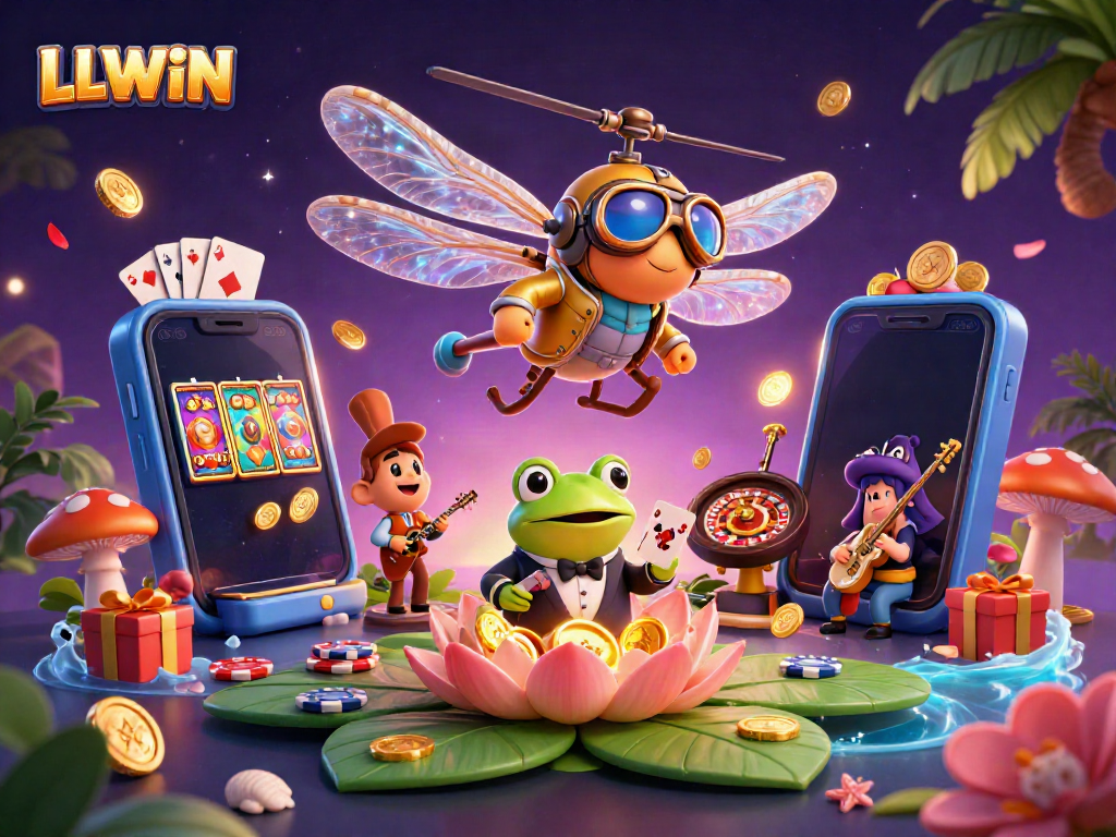 Experience the vibrant adventure of LLWIN with a lively casino scene featuring dynamic characters and game elements.