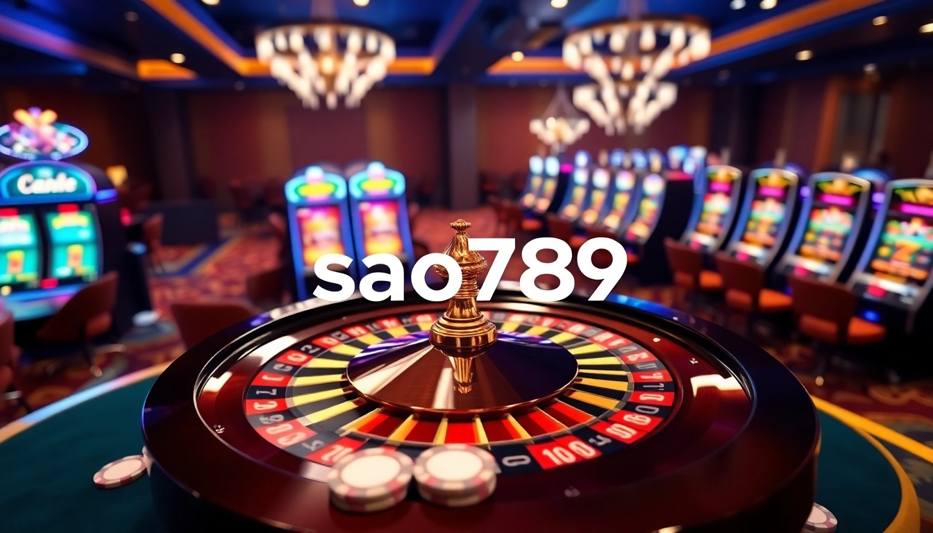 Engage in thrilling online gambling at sao789 with vibrant casino tables, cards, and slot machines.