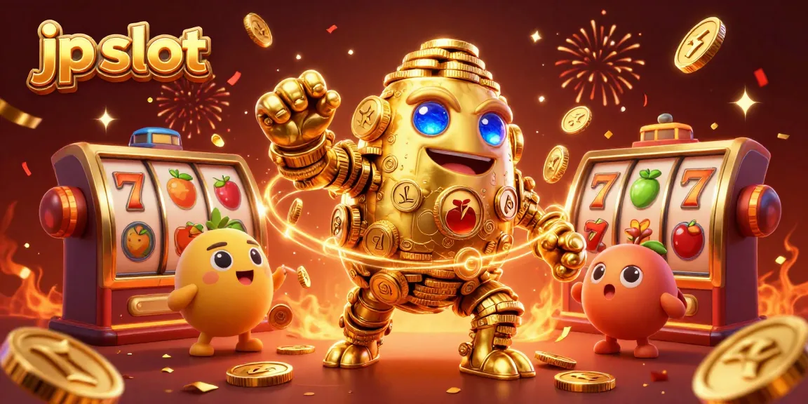 Win big with jp slot featuring a golden golem amidst spinning slot reels and festive confetti.