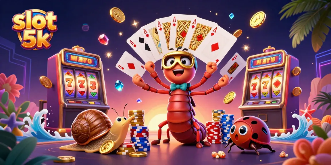 Engage with slot 5k featuring a cartoon millipede dealer amidst vibrant casino elements.