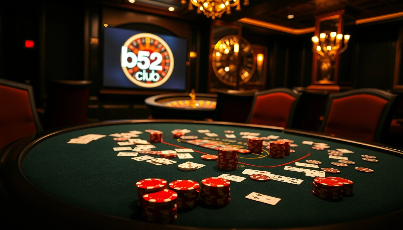 Bets being placed at the b52club .poker table with cards and colorful poker chips in a luxurious casino setting.