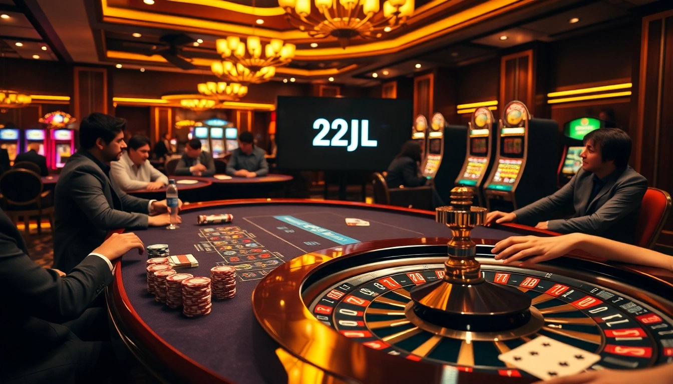 Engaged players at a luxurious casino table showcasing the 22JL logo and vibrant chips.