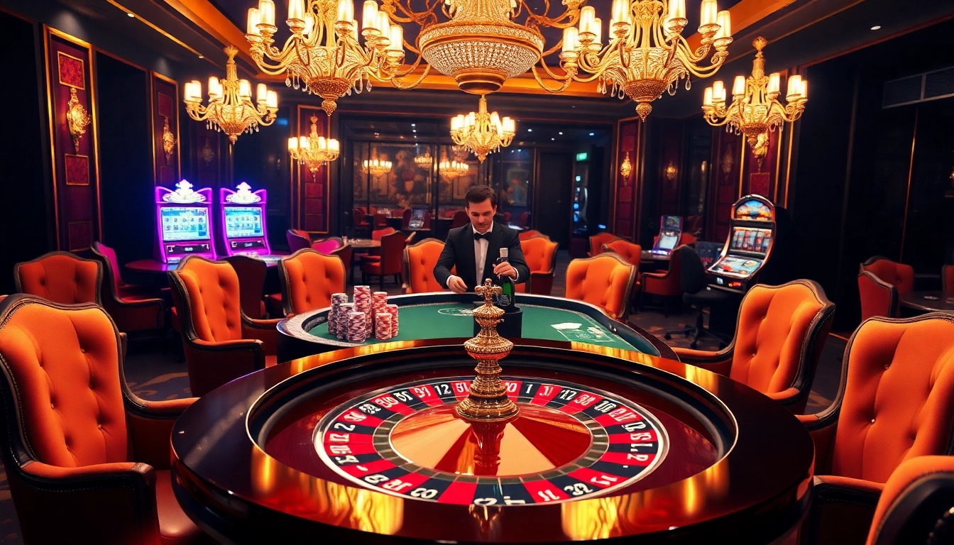 Experience the thrill of high-stakes gambling at https://new88bet.us/ with a luxurious casino scene featuring a roulette table.