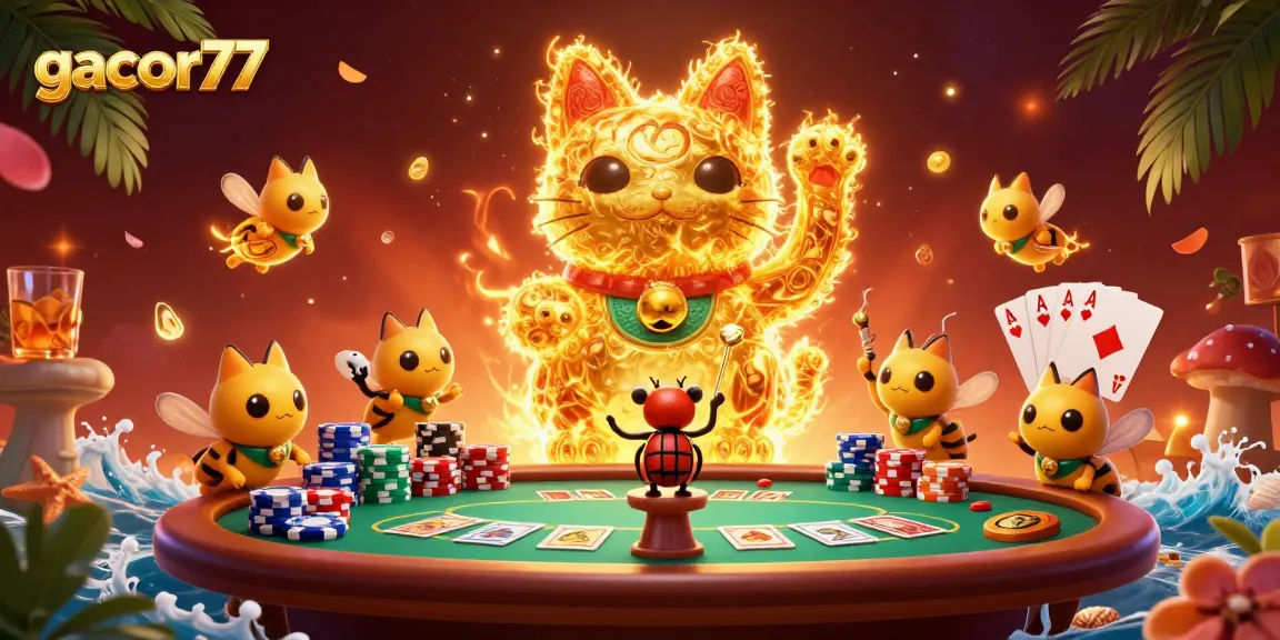 Gacor77 menyajikan ilustrasi menarik yang menampilkan keberuntungan di kasino dengan kucing keberuntungan.
