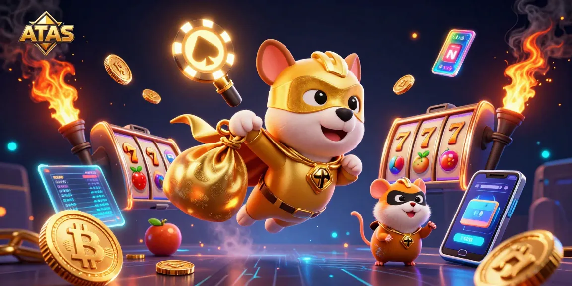 Engage ATAS Casino thrill with a superhero dog flying while carrying gold coins amidst slot reels and neon crypto elements.