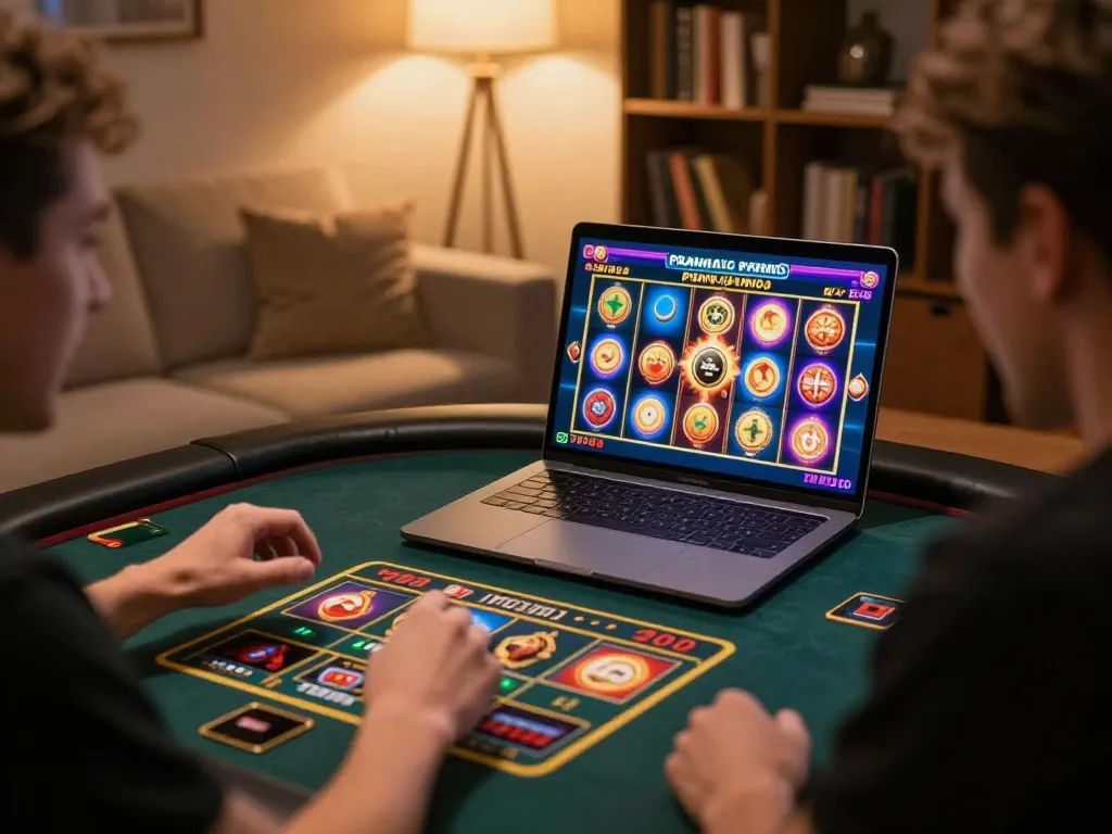Player enjoying a Pragmatic Demo slot game on their laptop in a cozy living room setting
