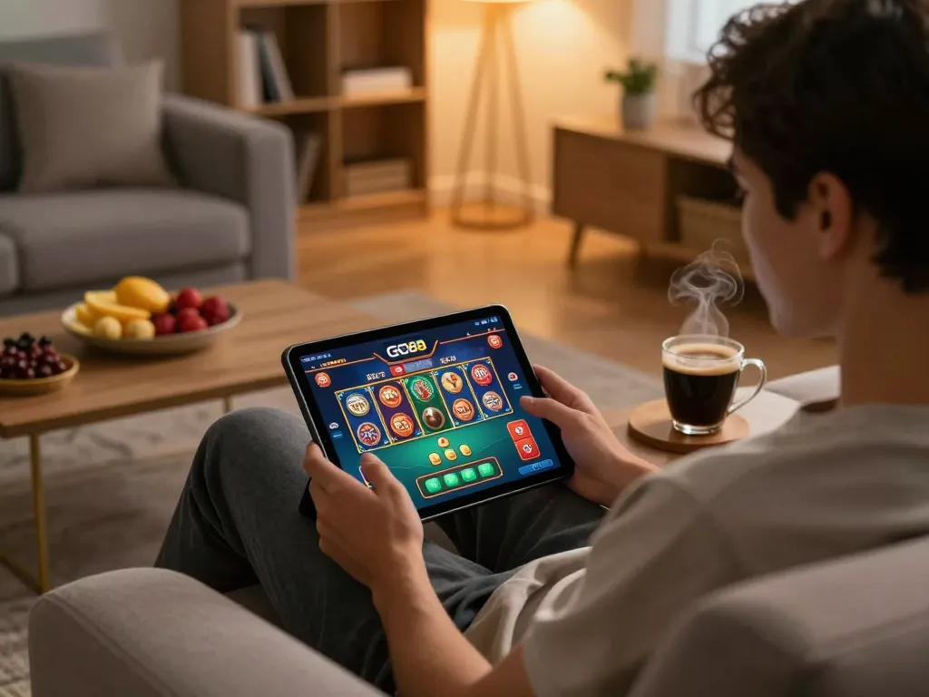 Enjoying GO88 casino games on a tablet in a cozy home setting with ambient lighting.