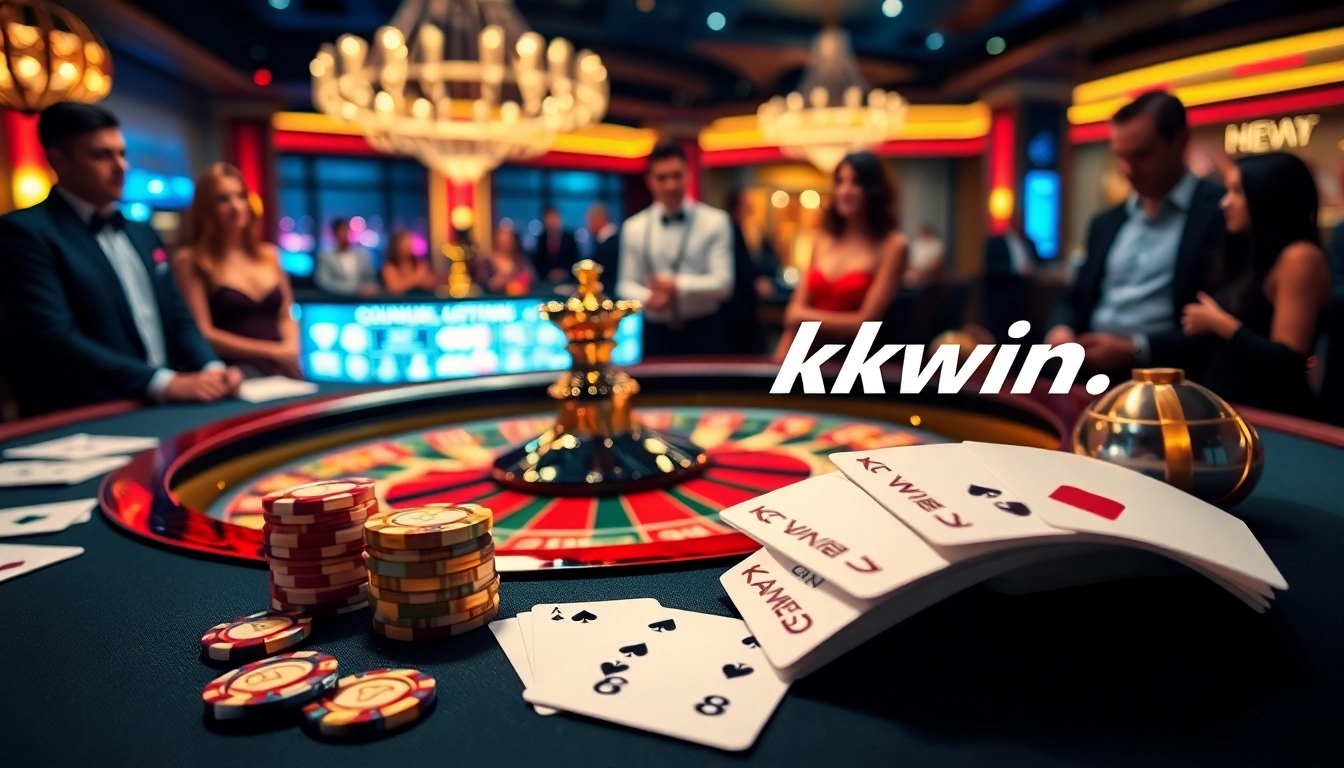 Engaging scene showcasing players at a casino table while highlighting https://kkwin.life/ with vibrant gaming elements.