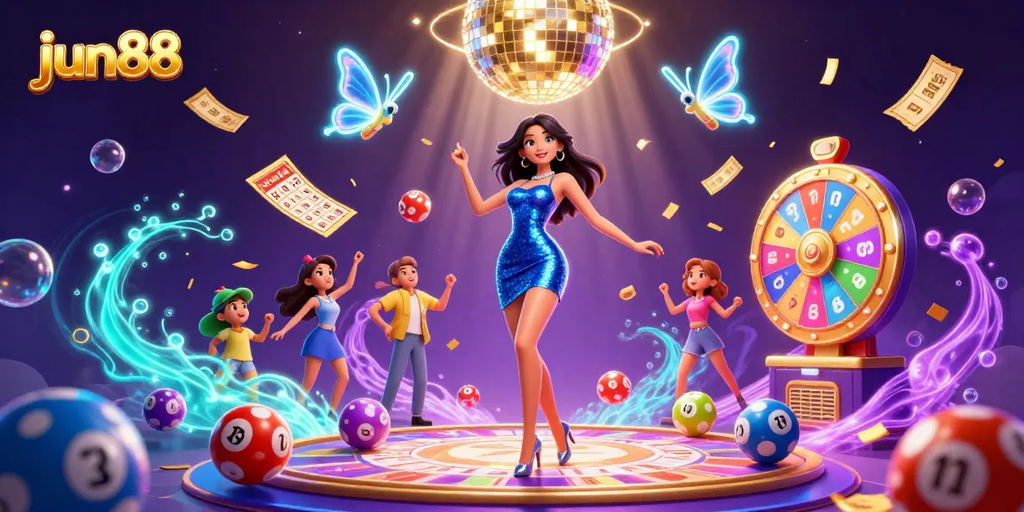 Win big with jun88 while playing vibrant lottery games and colorful bingo cards surrounded by dazzling elements.