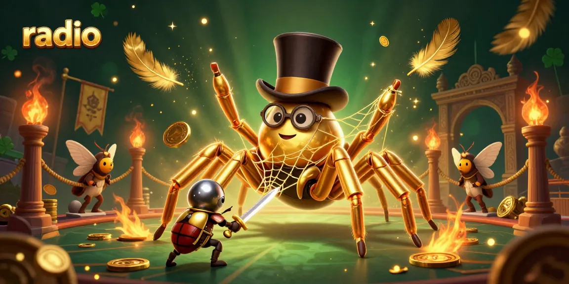 Join a thrilling radio-themed casino adventure with golden tarantula and beetle knight.