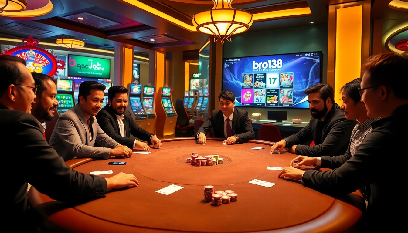 Experience the thrill of bro138 with a luxurious casino scene showcasing high-stakes poker and vibrant slot machines.