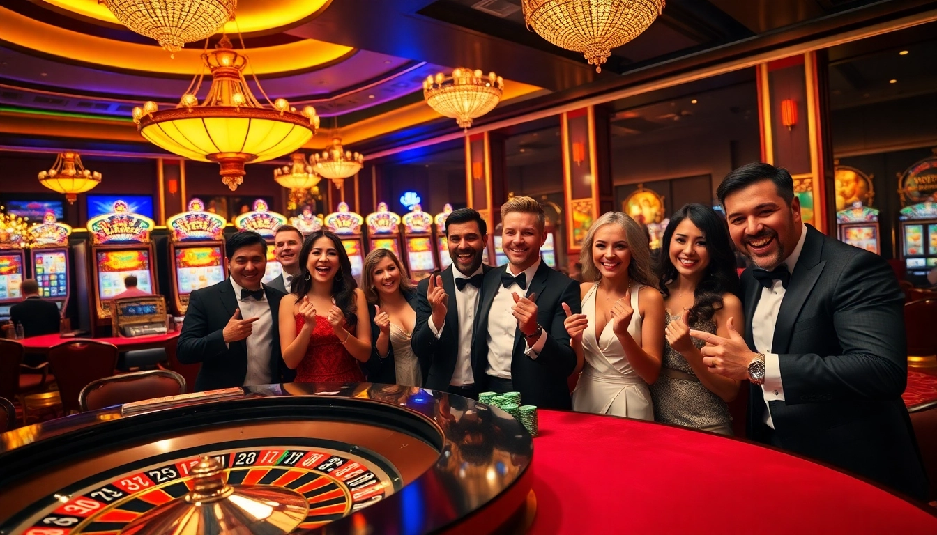 Players enjoying their wins at a casino table linked to https://www.66slots8.com/ with illuminated slot machines in the background.