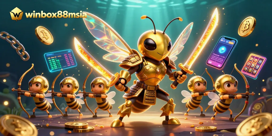 Experience immersive gambling action with winbox88msia, featuring a golden hornet samurai amidst vibrant casino elements.