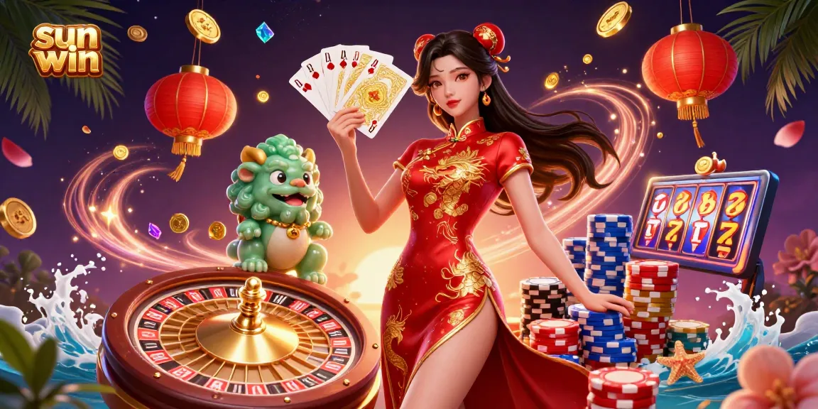 Win prizes with exciting games at sun win, featuring a woman in qipao holding golden playing cards.