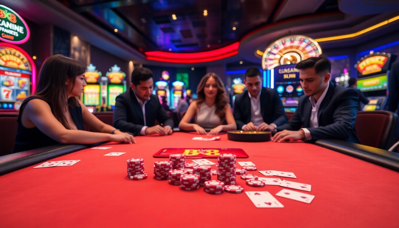 BK8 players enjoying a thrilling poker game at a luxurious casino table.