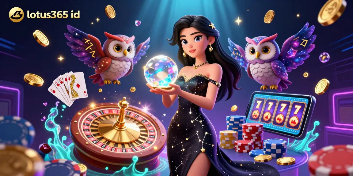 Experience the excitement of gaming with lotus365 id, showcasing a stunning woman, mystical owl, and dynamic casino elements.