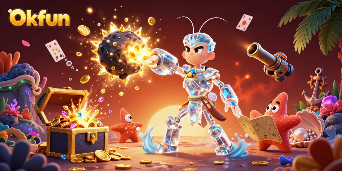 Engage with Okfun's exciting gaming experience amidst vibrant underwater treasures.