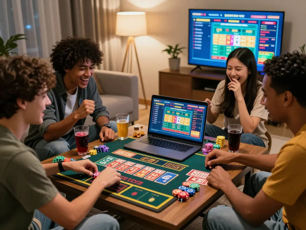 Friends enjoying Togel gaming at home, highlighting the excitement of online gambling with tot88.