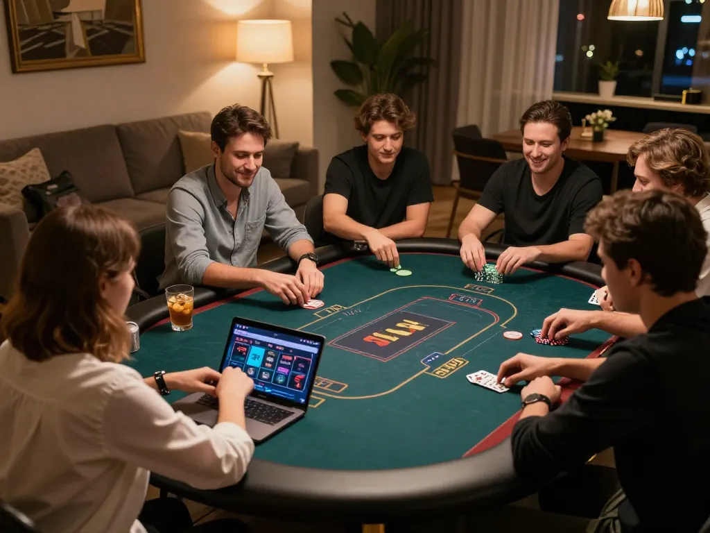 Players enjoying a dynamic Iwin poker game at home with warm ambiance and exciting gameplay.