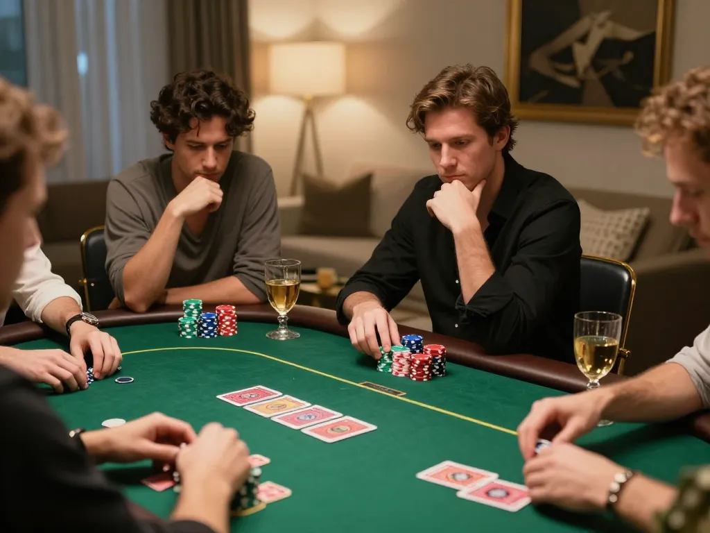 Players enjoying poker game at home gathering, excited expressions, colorful chips and cards visible, 88i com environment
