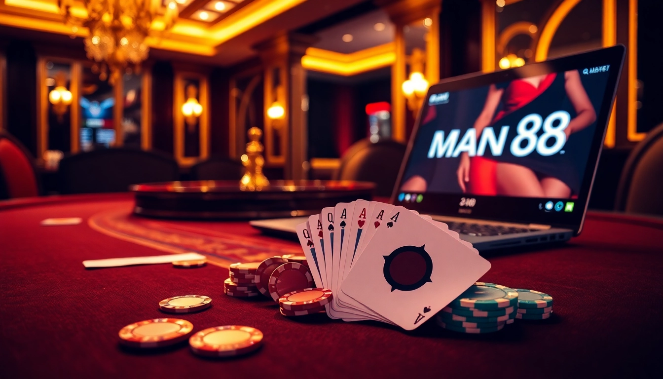 Experience the excitement of gambling at Man88 with vibrant poker chips and high-stakes gaming atmosphere.