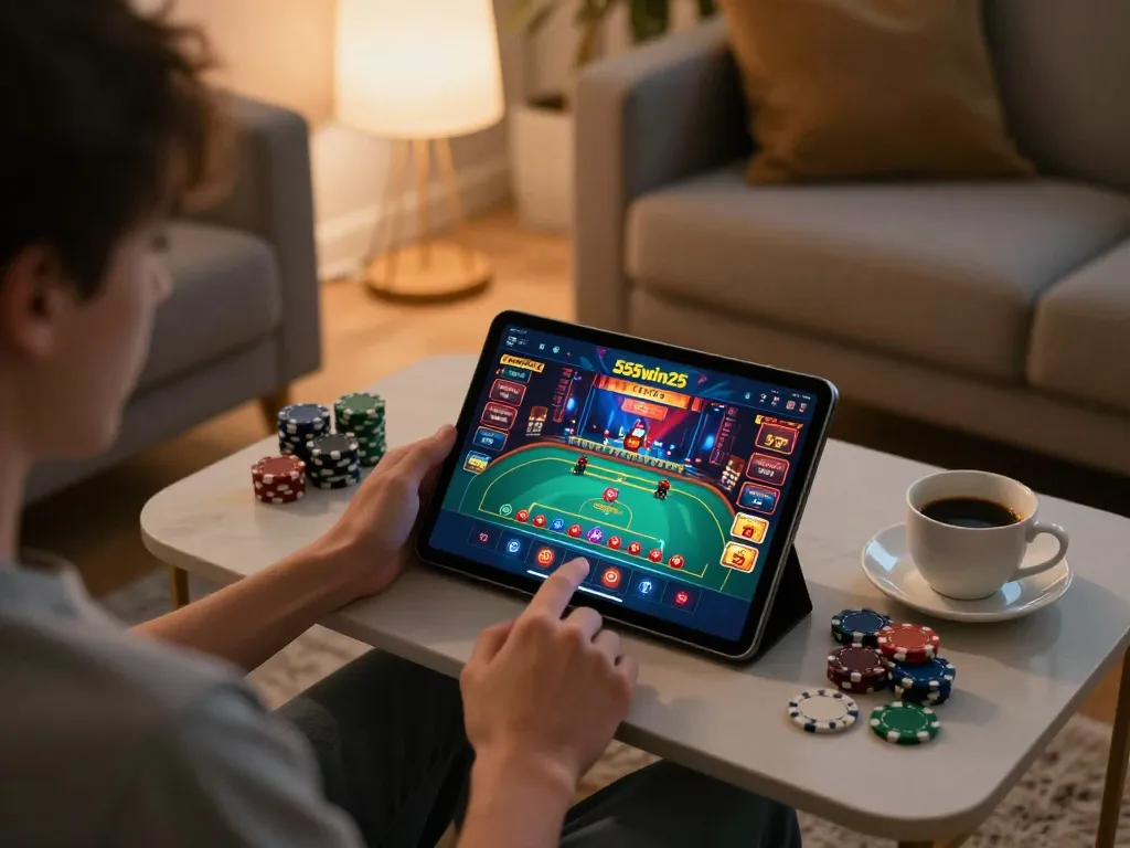 Experience 555win25 online gaming with a person engaging in a lively session from home.