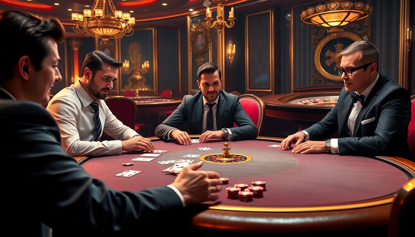 Excited players at a luxurious poker table in a casino setting, reflecting the atmosphere of https://mm88.nl/.