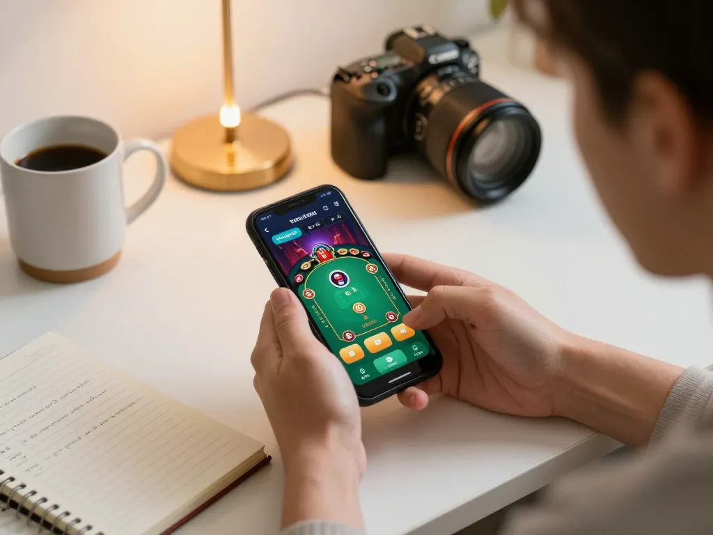 Player engaging with TR88 mobile casino app while planning poker strategies at home.